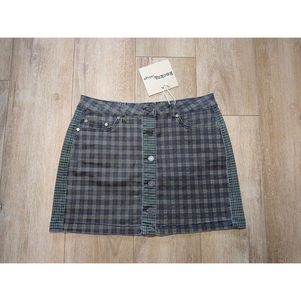 NWT Rocks & Indigo Denim Faded Green Y2K Plaid Patchwork Skirt Size 10/29